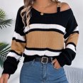 thumbnail image 6 of WREESH Fashion Pullover Off Shoulder Sweater Women's Casual Contrast Striped Lantern Sleeves Off Shoulder Pullover Sweater Top Sweater Khaki, 6 of 7