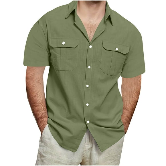 Gspmoly Men Tshirt, Men'S Vintage Casual Pocket Solid Color Button Lapel Fashion Long Sleeve Shirt Men Top up to 70% Off