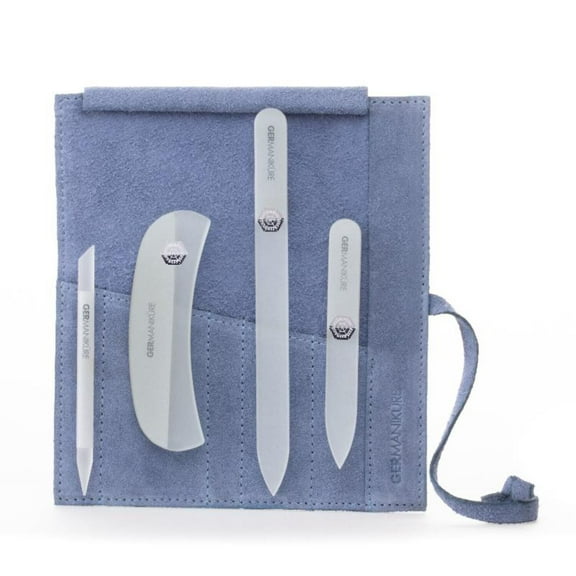 GERMANIKURE Crystal Glass Nail File Set in Light Blue Suede Case – Handmade in Czech Republic – Professional Manicure & Pedicure Supplies – Glass Cuticle Stick, Pusher, Callous Remover