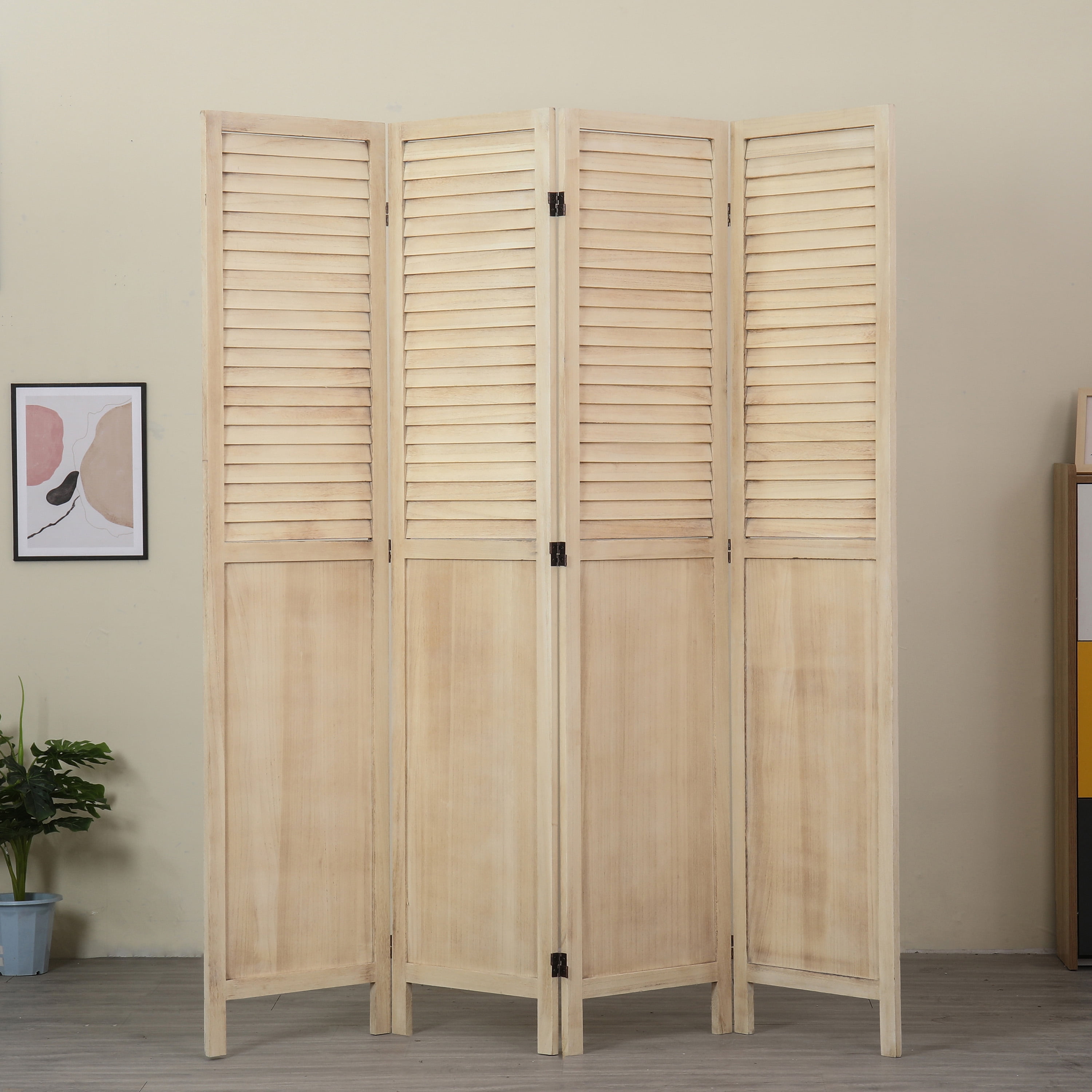 Natural 4-Panels Room Divider with Window Shutter Style