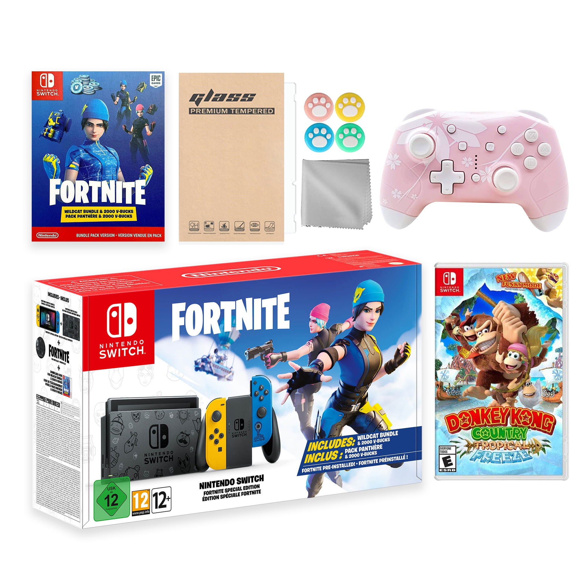 Nintendo Switch Fortnite Wildcat Limited Console Set Epic Wildcat Outfits 00 V Bucks Bundle With Donkey Kong Country And Mytrix Wireless Pro Controller And Accessories Walmart Com Walmart Com