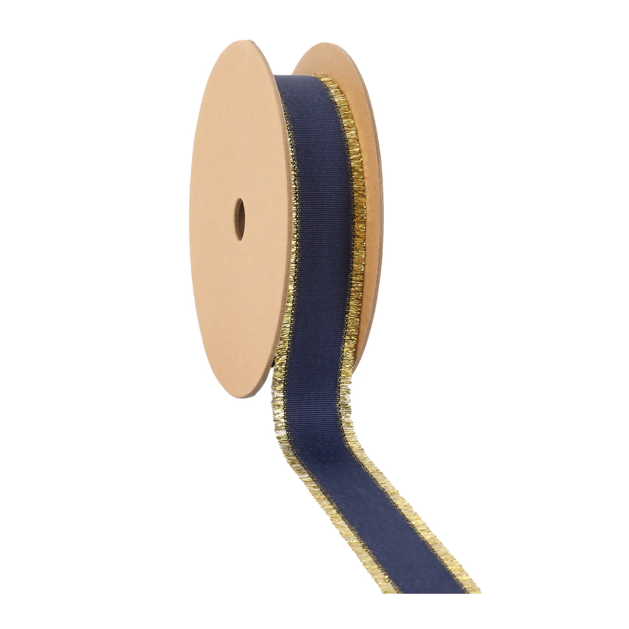 LaRibbons 1" Textured Grosgrain Ribbon | Gold Metallic Fringe Navy | 25 Yard Roll