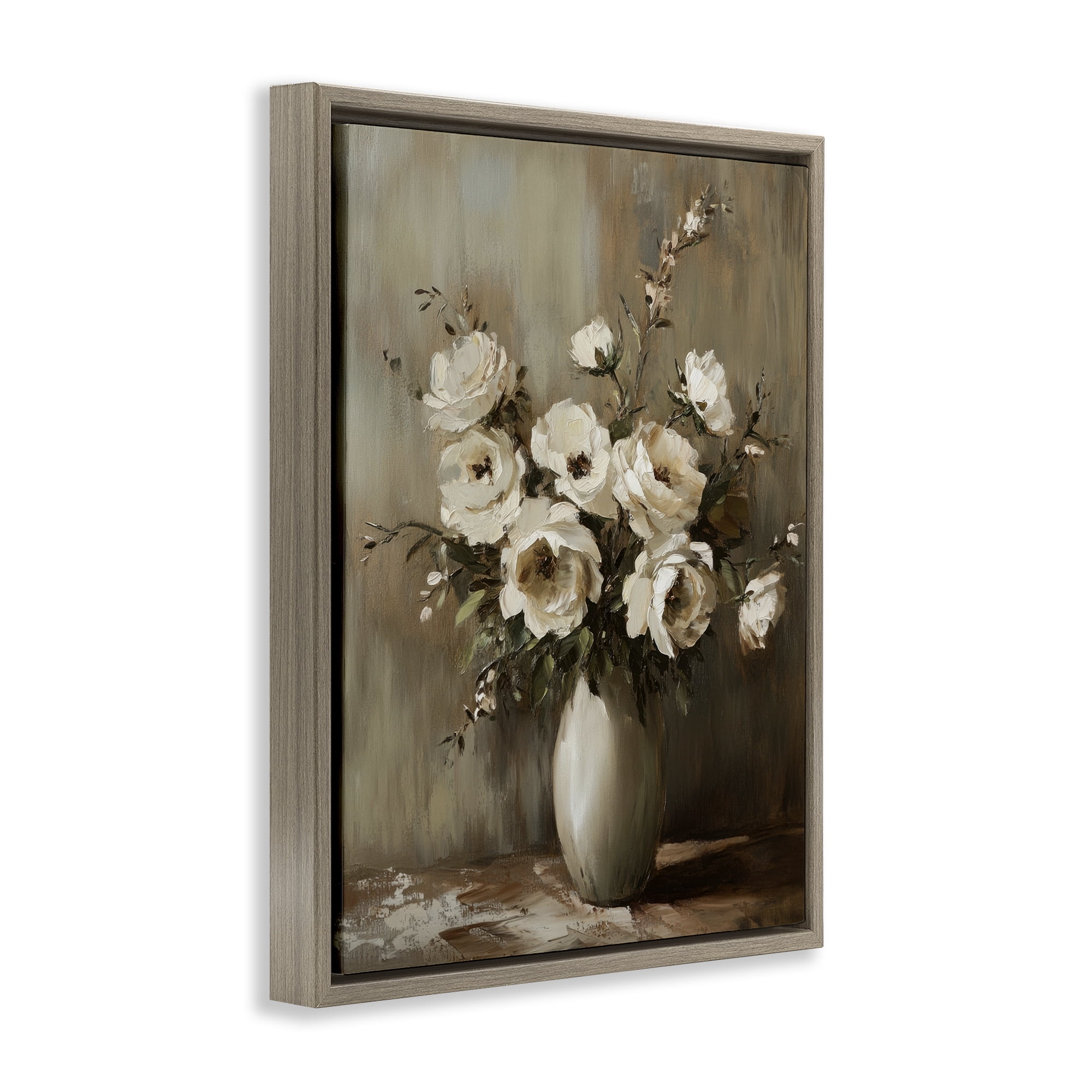 Stupell Industries Neutral Traditional Bouquet Plants & Flowers Painting Brown Floater Framed Canvas Art Print Wall Art, 25 x 31