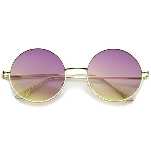 sunglassLA Unisex Bohemian Full Metal Frame Gradient Flat Lens Oversize Round Sunglasses (Gold / Purple-Yellow) - 54mm