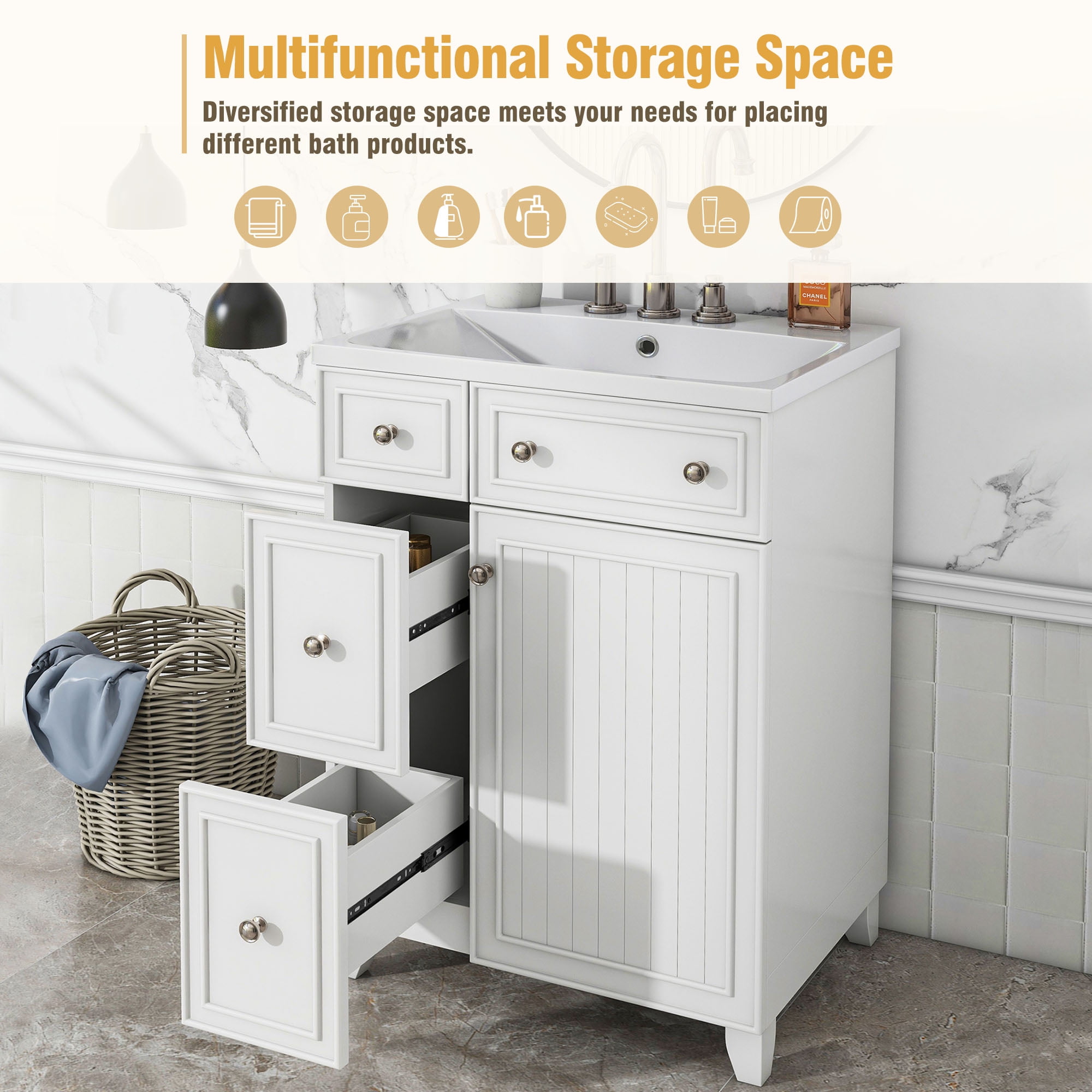 Harper & Bright Designs 24" Bathroom Vanity Sink Combo for Small Space, White Bathroom Vanity Cabinet with 2 Storage Drawers and Door