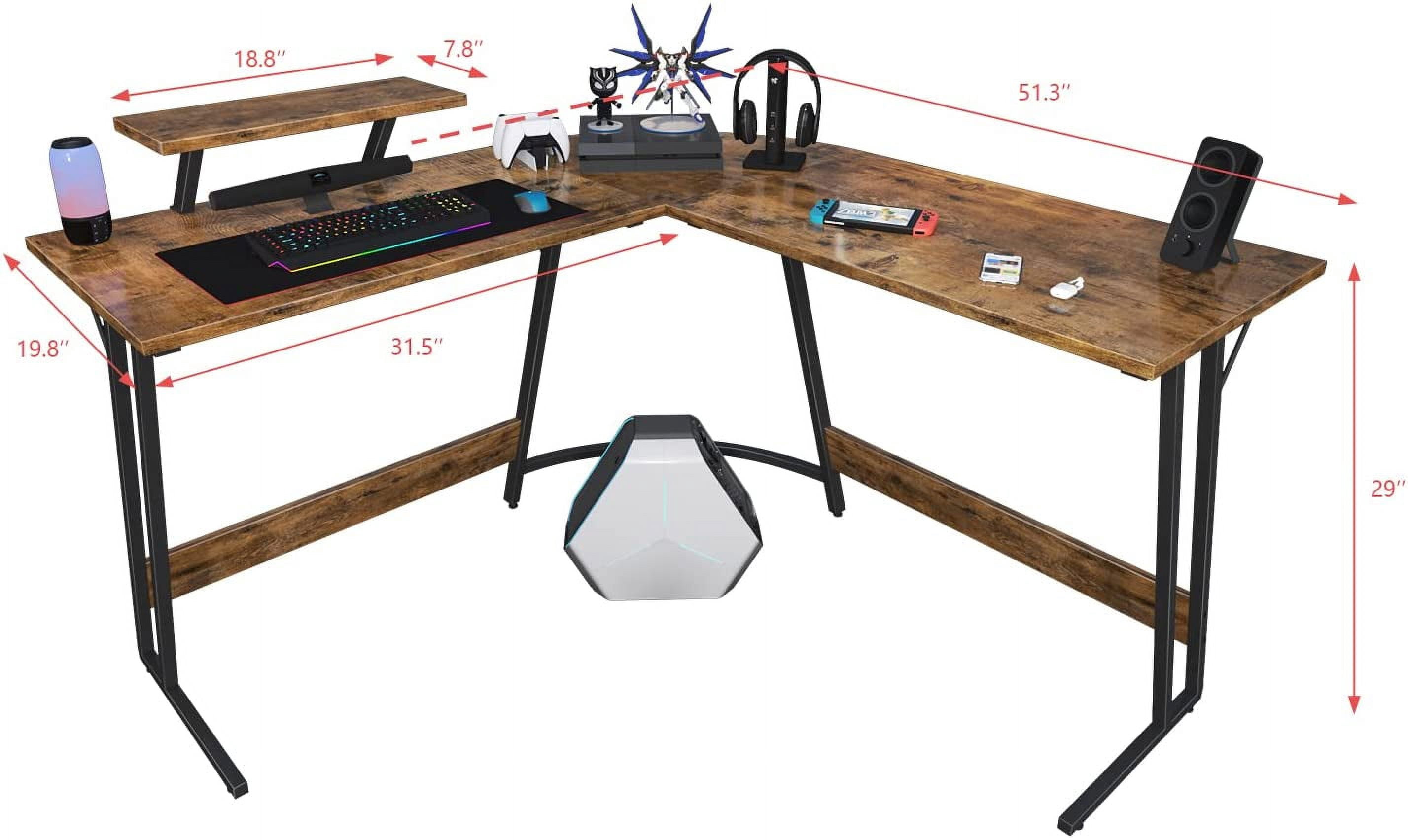 WBTER L Shaped Gaming Desk Computer Corner Desk PC Gaming Desk Table with Large Monitor Riser Stand for Home Office Sturdy Writing Workstation (Classical Brown, 51 Inch)