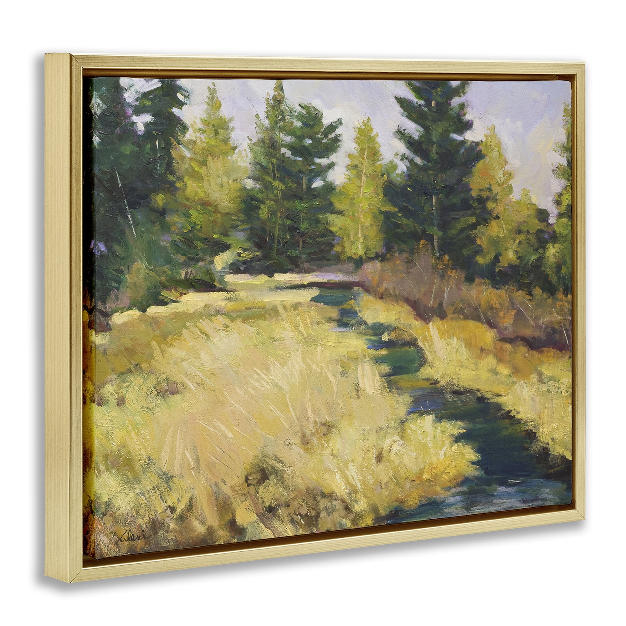 Stupell Industries Mammoth Creek Landscape Landscape & Nature Painting Gold Floater Framed Canvas Art Print Wall Art, 31 x 25