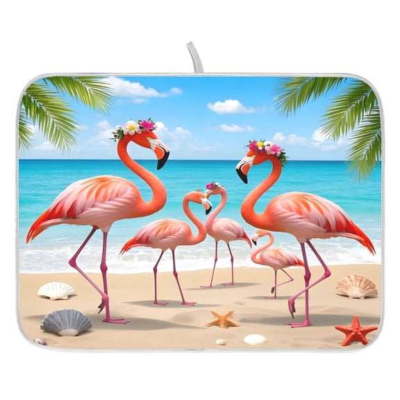 Ryvnso Flamingo on Beach Dish Drying Mat for Kitchen Countertop 16x18 Small Dish Pad Drainer Rack Dish Sink Mats