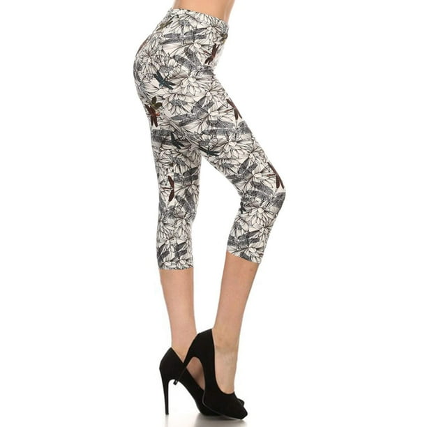 Leggings Depot High Waisted checkered & Animal Print Leggings for Women- capri-R503, Dragonflies and Lilies, One Size 