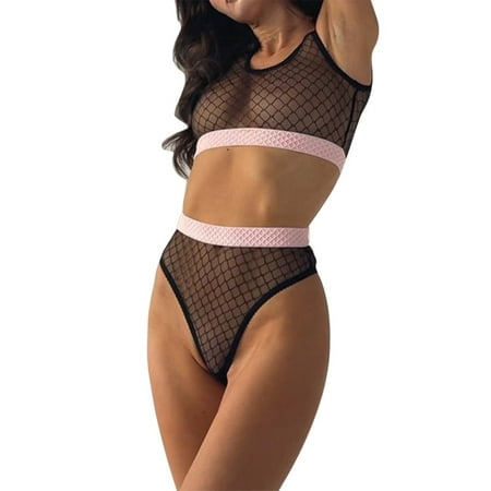 

Aayomet Lingerie Set Underwear Mesh Three Point Color Collision Stitching Suspender Black XL