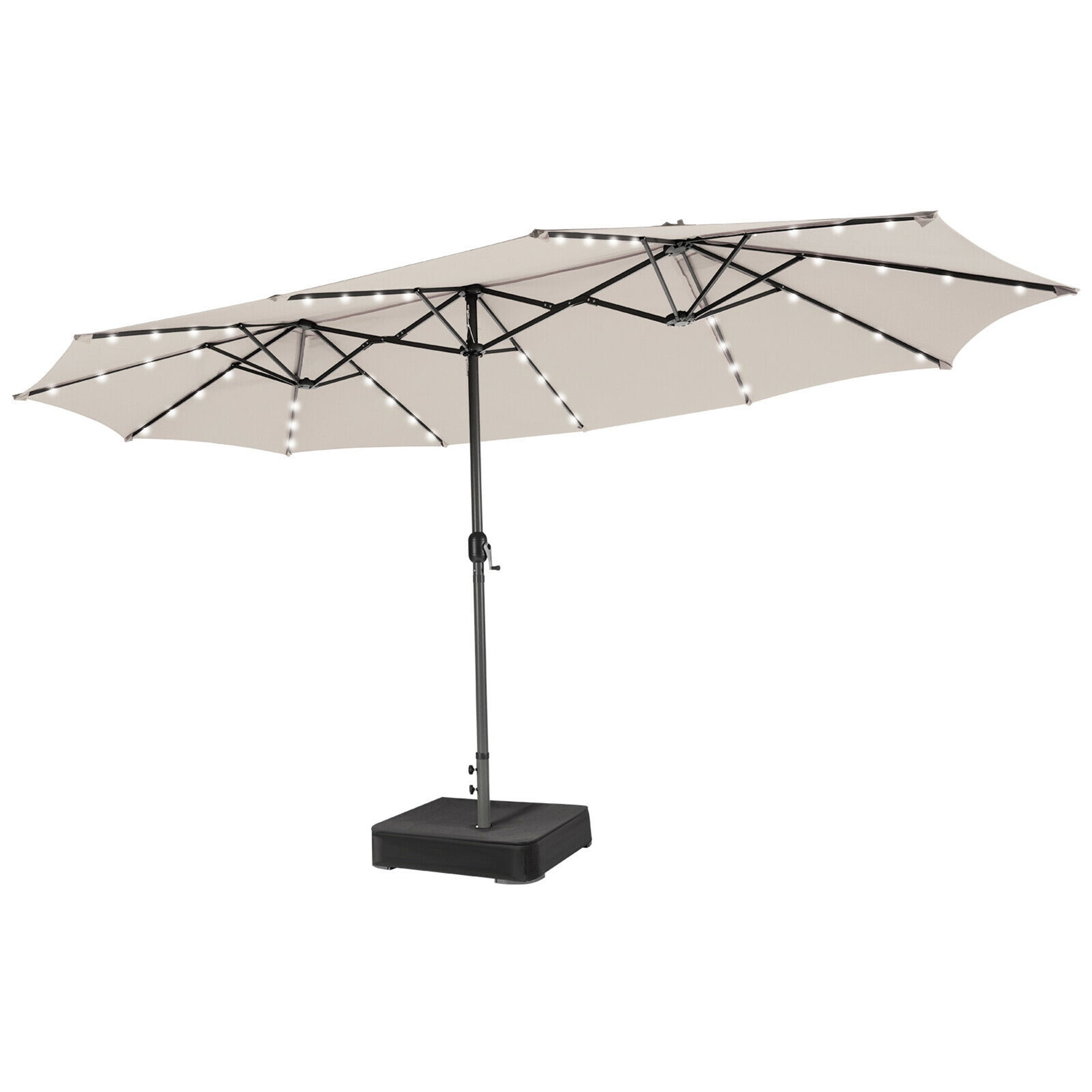 Gymax Outdoor 15' Double-Sided Patio Umbrella 48 Solar LED Lights Crank & Base Beige