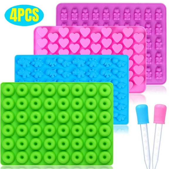 Candy Molds Silicone, with 2 Droppers, Non-Stick Silicone Candy Molds Including Mini Dinosaur, Bear Shape, Hearts and Mini Donut, Set of 4
