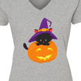 thumbnail image 4 of Inktastic Black Cat, Pumpkin, Cat With Witch Hat, Halloween Women's V-Neck T-Shirt, 4 of 5