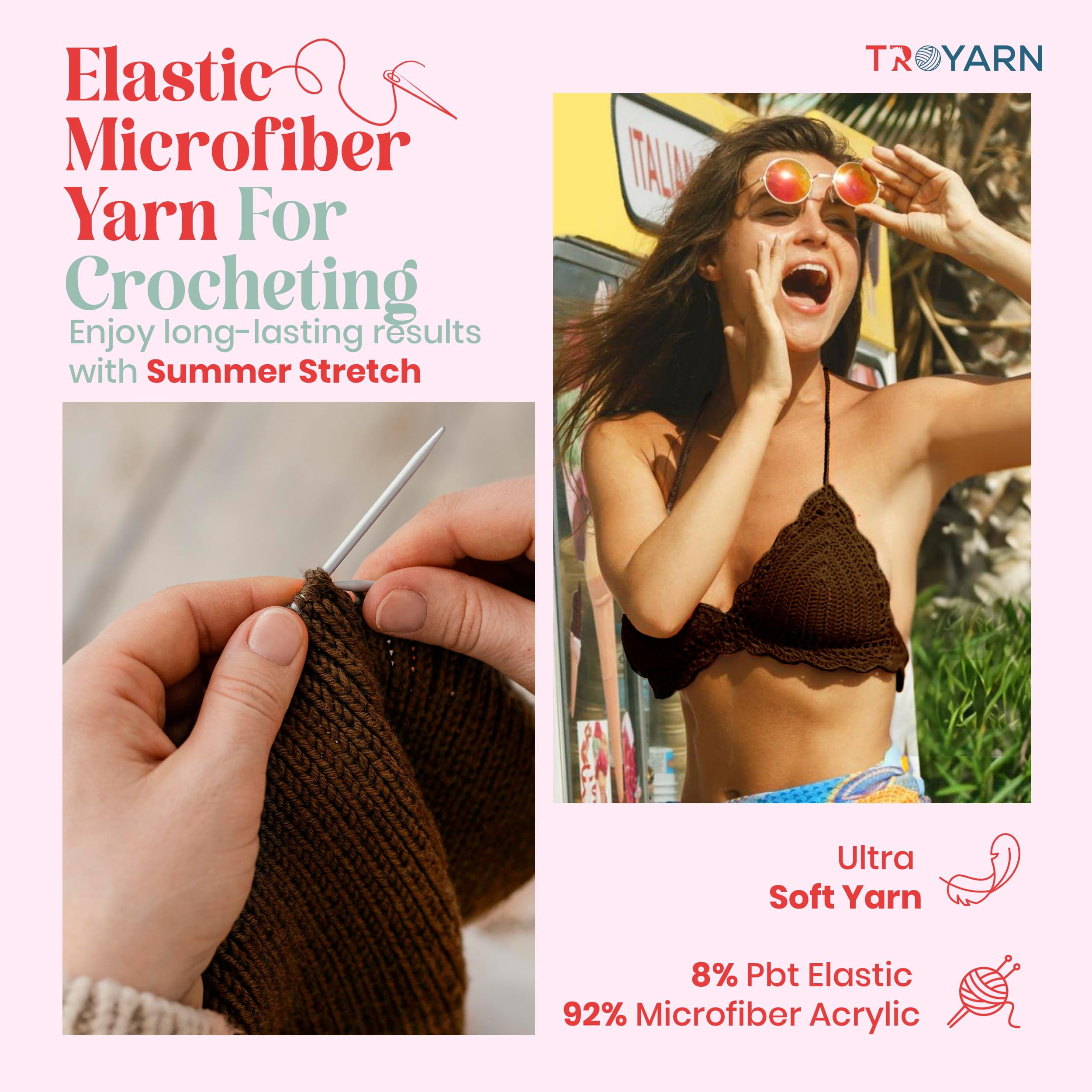 Troyarn Summer Stretch Acrylic Yarn for Crocheting - 2 Skeins of Brown Yarn Made from 100% Elastic Microfiber Acrylic for Knitting, 100gr 438 yds (11426 - Brown)