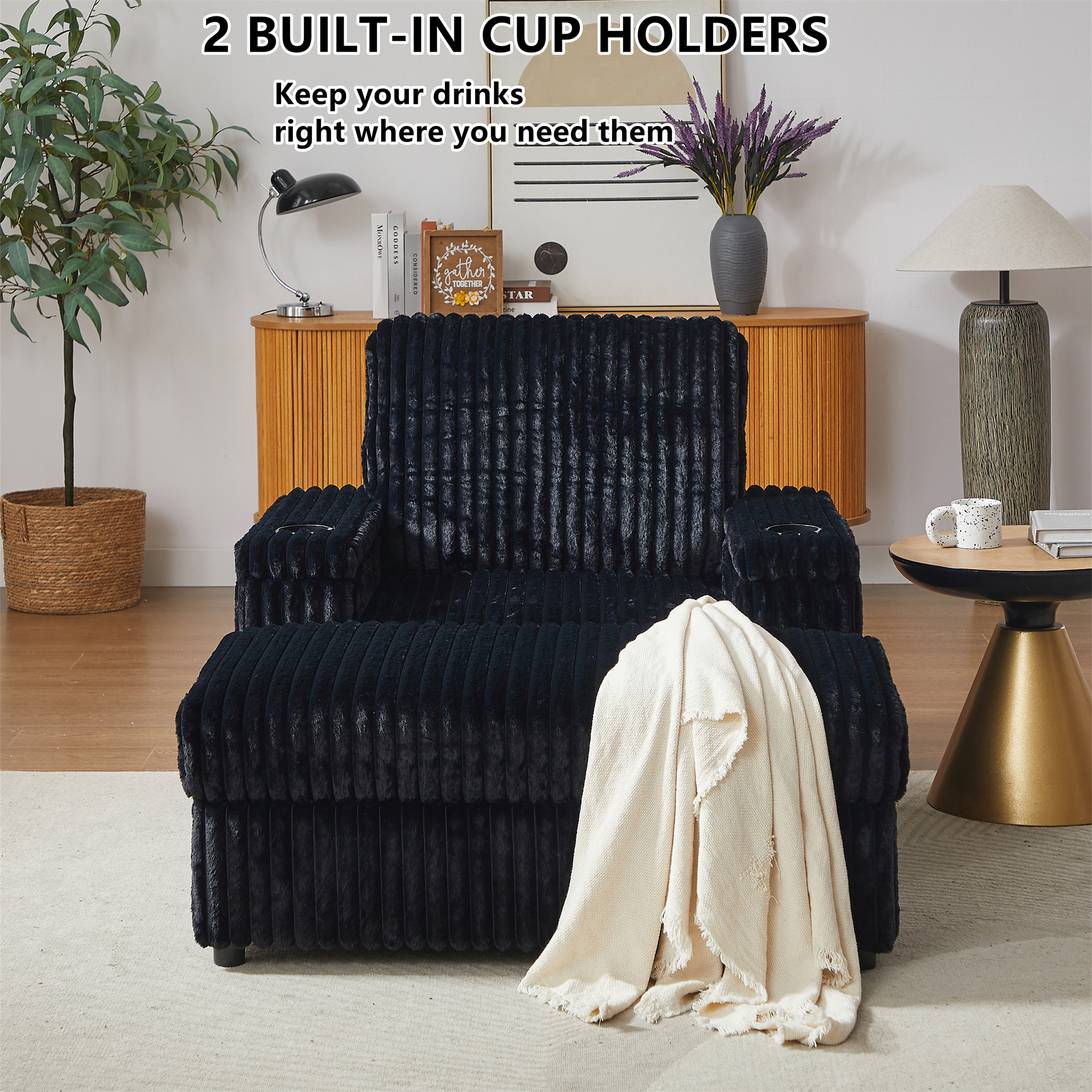 Aukfa 43" Corduroy Chaise Lounge w/ 2 Cupholders, Storage Bench & Arm, Plush Chair Bed, Black