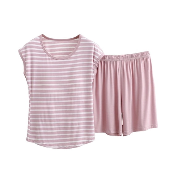 WRKEKC Summer Pajama Set for Women Soft Striped Knit Round Neck Short Sleeve and Shorts Set Casual Sleepwear for Summer