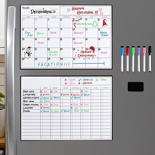 Extra Thick Magnet 5 Dry Erase Markers & 1 Wet Erase Marker & Eraser Magnetic Chore Chart for Adults & Kids Dry Erase Calendar for Refrigerator Weekly Fridge Schedule Board 
