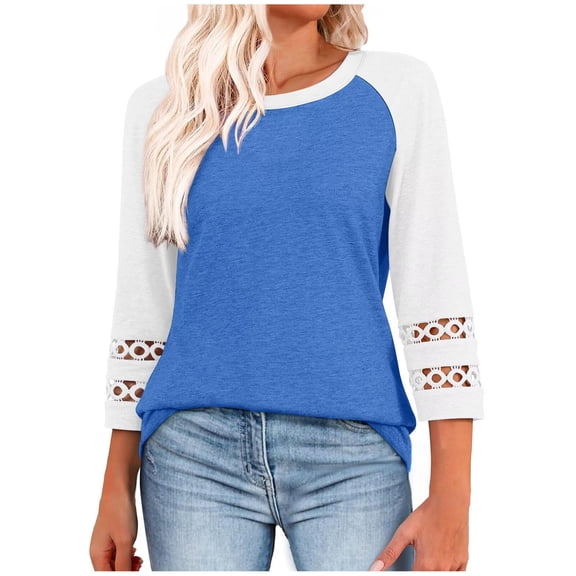 EchfiProm Womens Crew Neck Tops Fall 3/4 Sleeve T-Shirts Colorblock Blue Pullover Relaxed Fit for Women