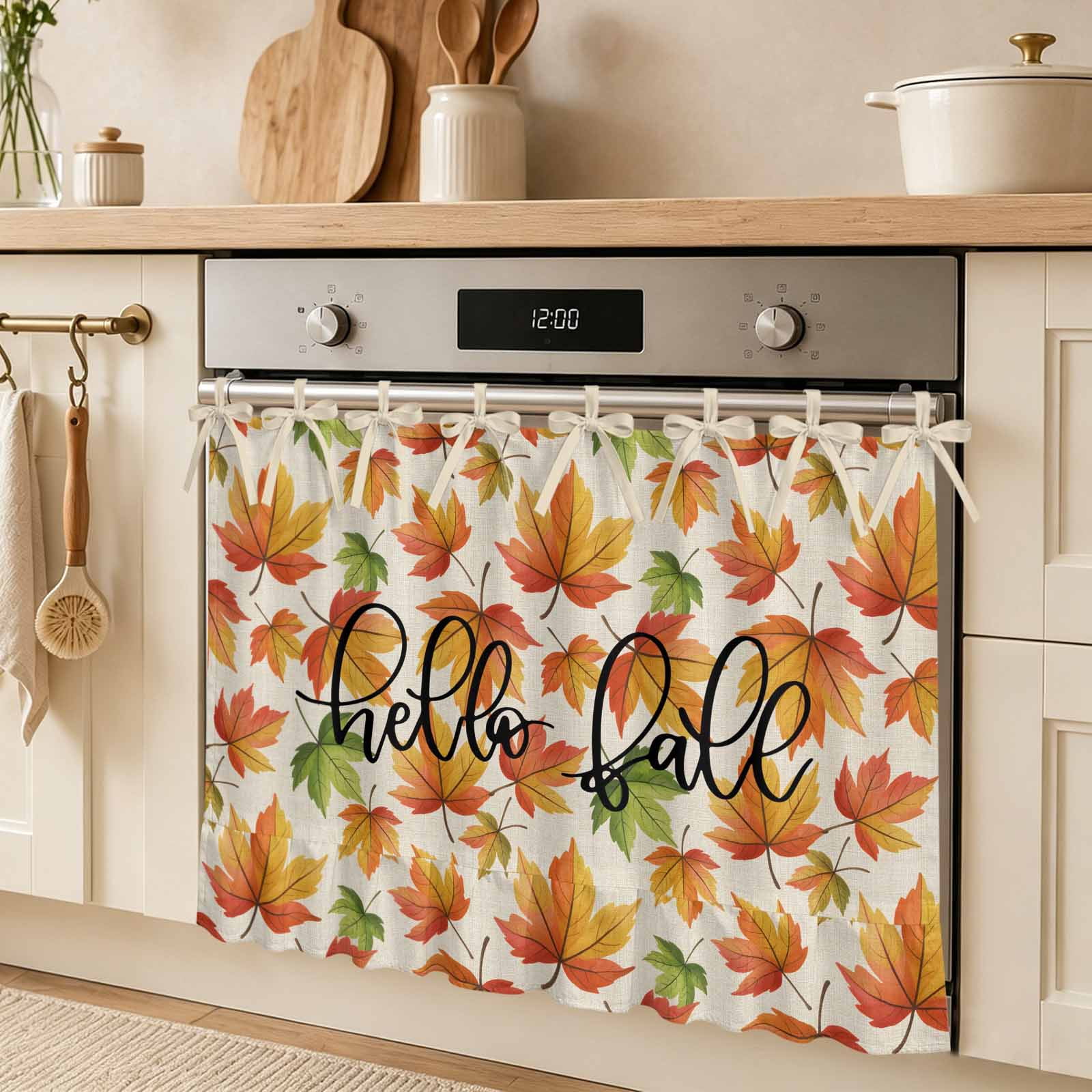 Hello Fall Oven Skirt Curtain Fall Maple Leaf Thanksgiving Vintage Linen Tie Top Tier Curtains Stove Dishwasher Skirt Small Window Drapes for Kitchen Bathroom Cafe 30 x21.5
