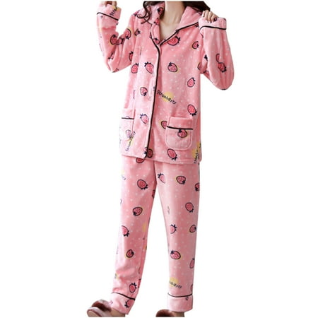 

Womens Pajamas Winter Coral Suit Strawberry Print Cute Home Service Womens Loungewear Set