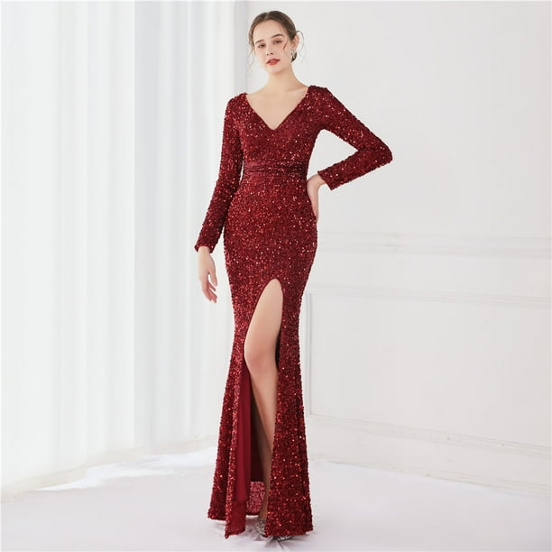 Elegante vestido de noche de cola de pez Aura Queen con lentejuelas y manga larga para banquete