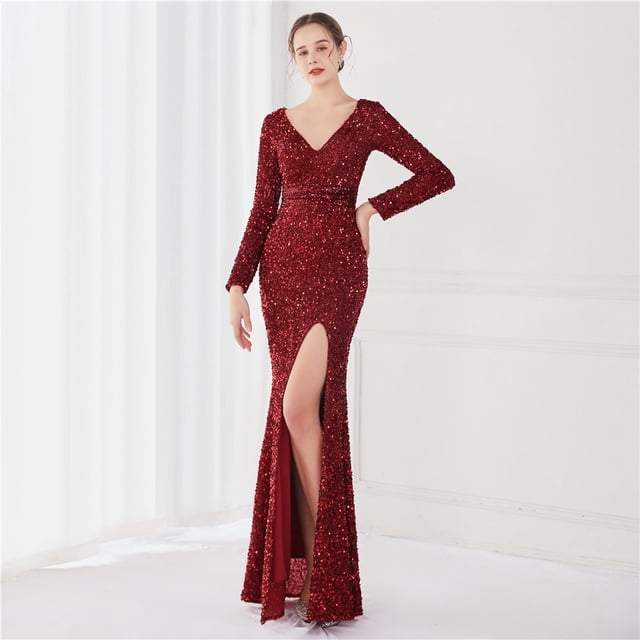 Elegante vestido de noche de cola de pez Aura Queen con lentejuelas y manga larga para banquete