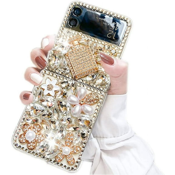 for Samsung Galaxy Z Flip 3 5G Case,Luxury Bling Diamond Rhinestone Gemstone 3D Perfume Bottle and Flower Gemstone Soft TPU Back Cover Case for Women Girls with Galaxy Z Flip 3 5G (2021)