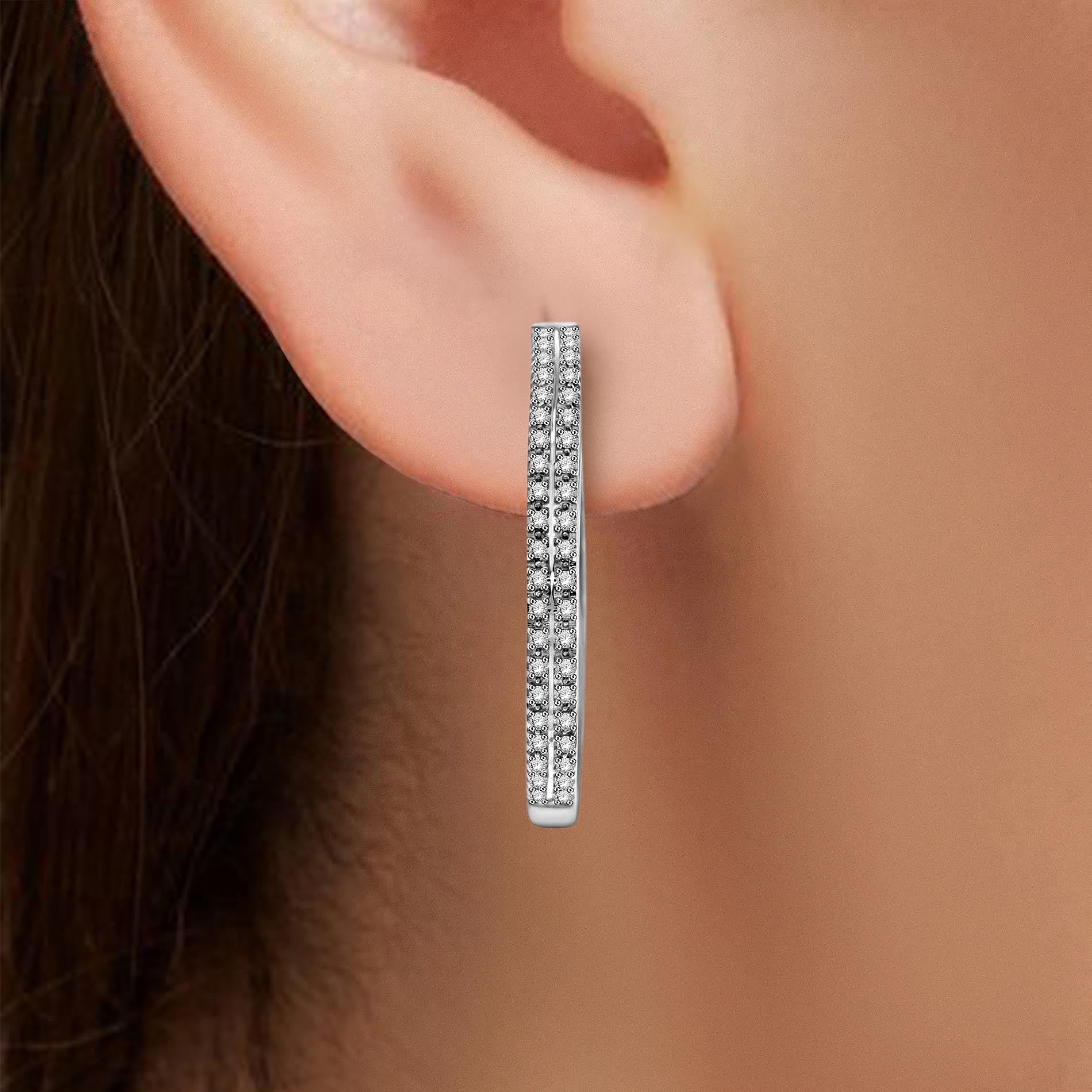Natalia Drake 1/4 Cttw Diamond Hoop Earrings for Women Double Row in Rhodium Plated Sterling Silver