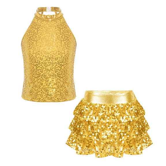 TiaoBug Kids Girls Shiny Sequins Crop Top with Pleated Skirt Jazz Hip Hop Performance 2 Piece Dance Outfit Gold 6