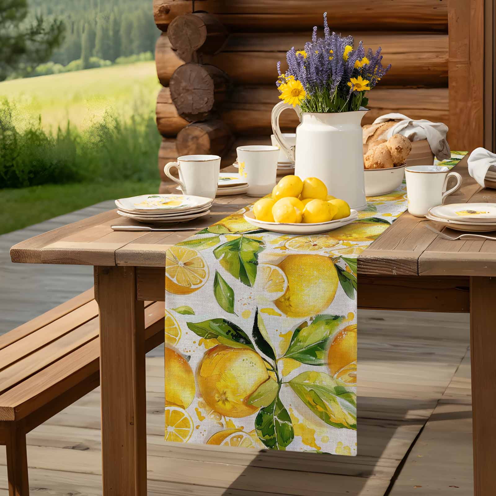 Yellow Lemon Watercolor Leaves Table Runner 90 Inches Long, Farm Fruit Harvest Table Runners Tabletop Scarf Kitchen Dining Tables Decoration for Home Party Indoor Outdoor