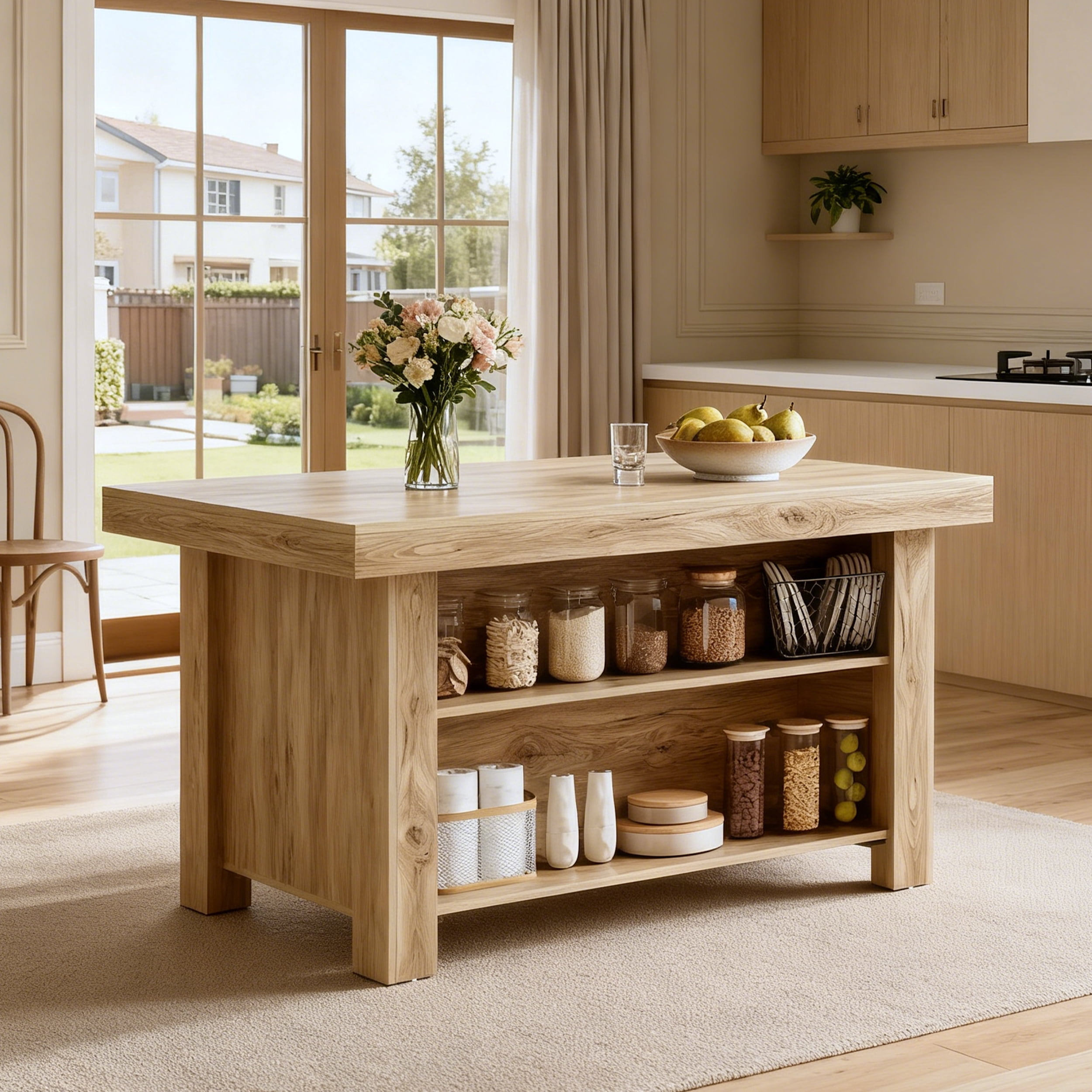 Fnova 55" Farmhouse Kitchen Island with Storage, Wooden Kitchen Table with 2-Tier Storage Shelves & Large Worktop, Modern Large Counter Height Table for Kitchen Prep & Dining
