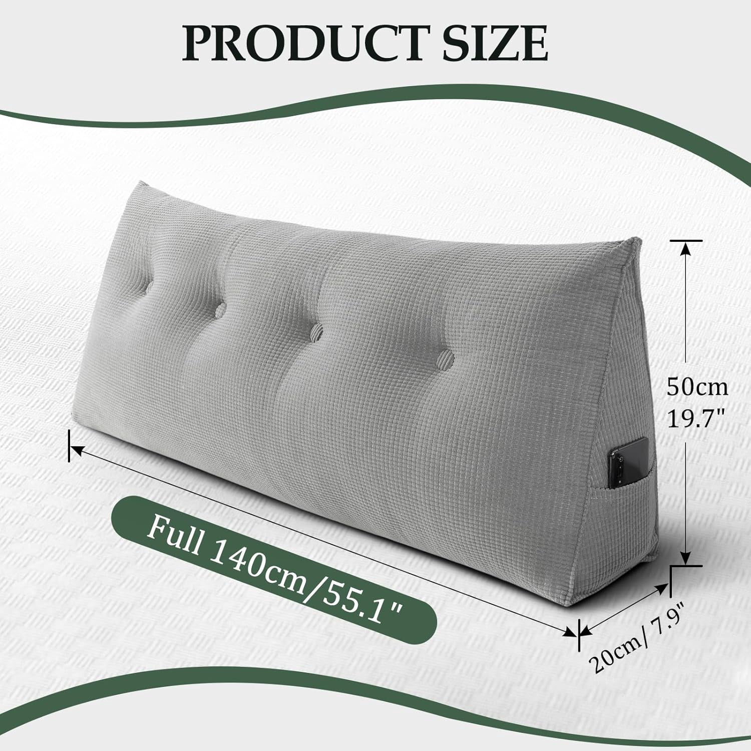 Soft Headboard Pillow Full Size, Wall Backrest Wedge Pillow Headboard Full, Reading Backboard Pillows, Large Dorm Daybed Bolster Pillows for Back Support with Removable Cover, Gray