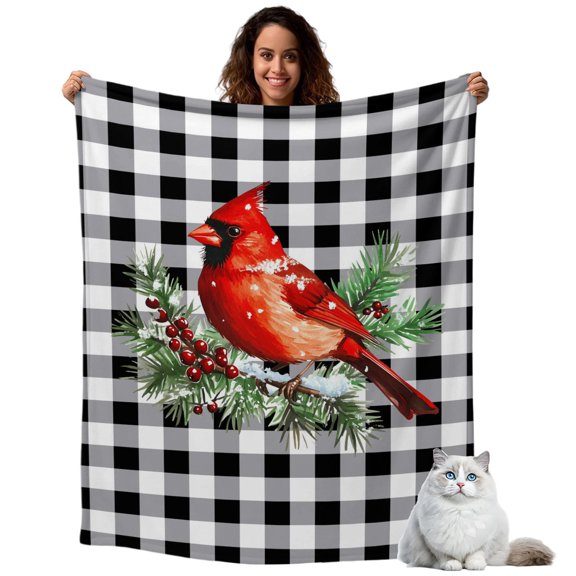Throw Blanket for Couch, Red Bird Berries Soft Cozy Warm Flannel Blanket 50x60in, Black White Check Lightweight Fleece Throw Blankets for Sofa Bedroom Office All Season Use