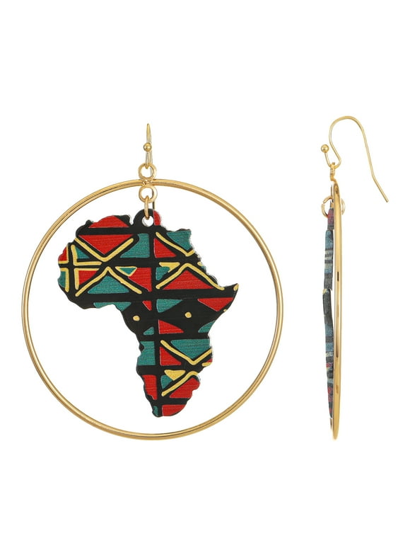 Black Heritage Gold-Tone Africa Drop Hoop Earrings