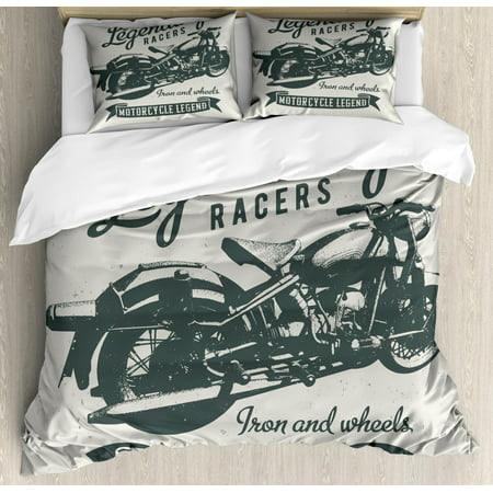 Motorcycle Duvet Cover Set King Size, Cruiser Bike Sketch with Hand Lettering Legendary Racers Quote, Decorative 3 Piece Bedding Set with 2 Pillow Shams, Pale Sage Green Dark Green, by