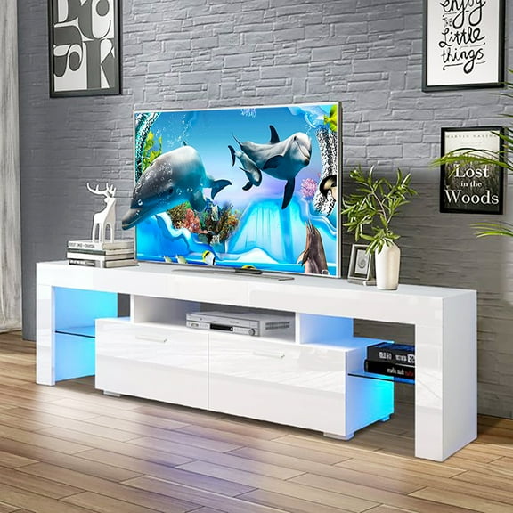 Modern TV Cabinet for 70 Inch TV, Large Television Stand with 16 Color LED Light, Console TV Cabinet with 2 Drawers, TV Cabinet for Living Room, Bedroom