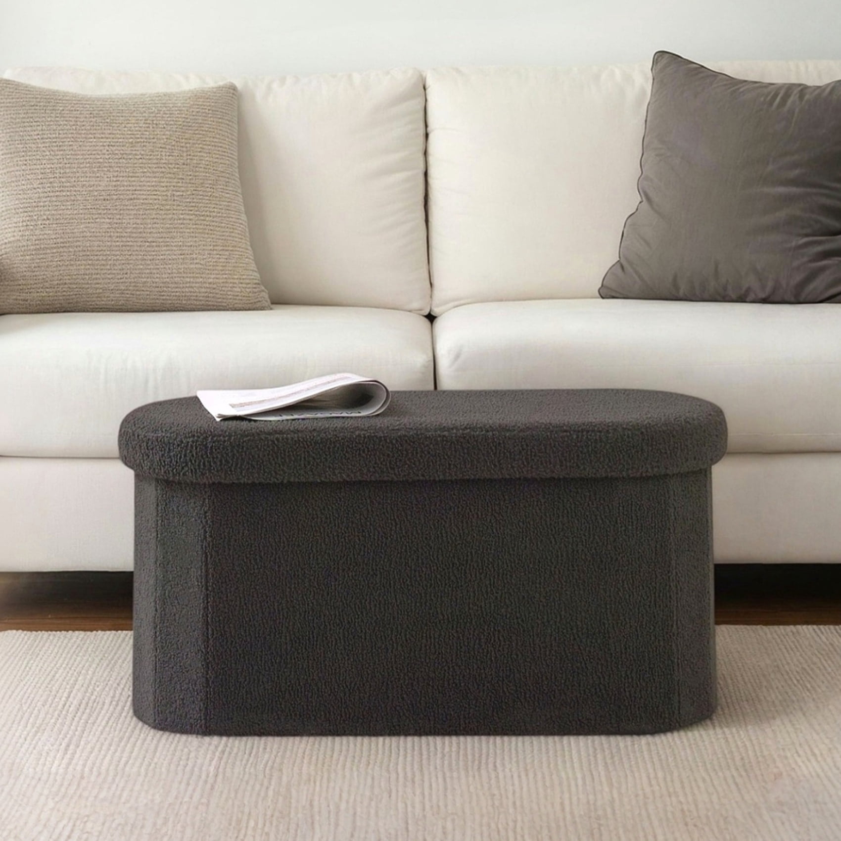 PINPLUS Storage Ottoman Bench Tufted Oval Ottoman Bench Foot Rest Velvet Bench with Storage 30" Darkgrey