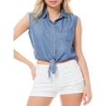 thumbnail image 3 of Made by Olivia Women's Sleeveless Button-Down Tie Front Knot Crop Chambray Shirt, 3 of 7