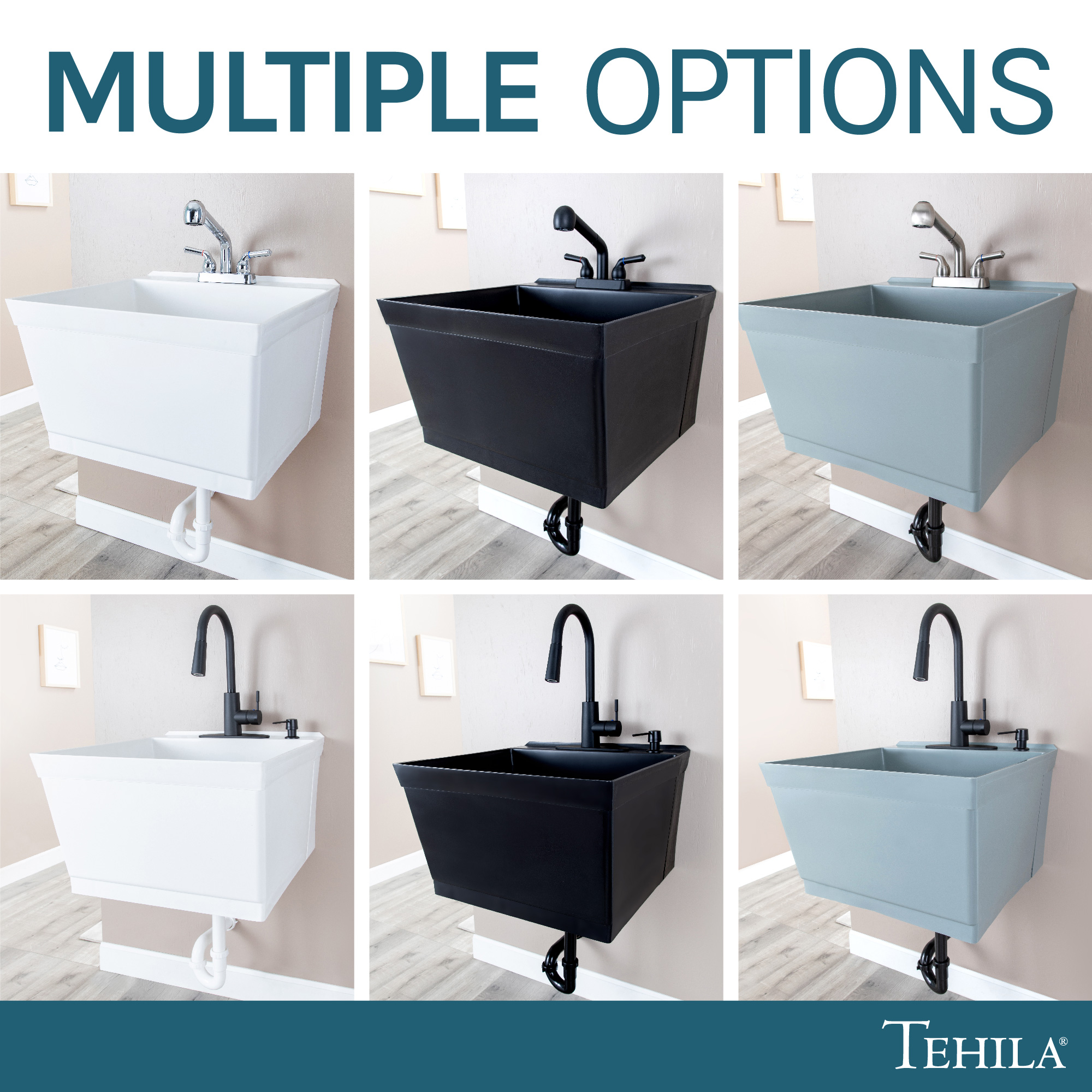 Tehila Wall Mounted Black Utility Sink with Matte Black Finish Pull-out Faucet