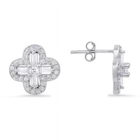 Sterling Silver Baguette-Cut Clover Cubic Zirconia Stud Earrings