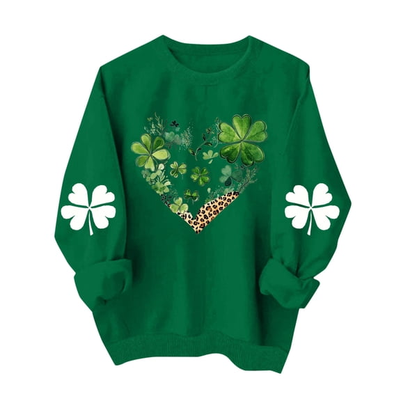 Womens St Patricks Day Sweatshirt, Green Clover Heart Print Pullover, Soft Polyester Holiday Top with Shamrock Sleeves, Relaxed Fit S-XXL,Size M