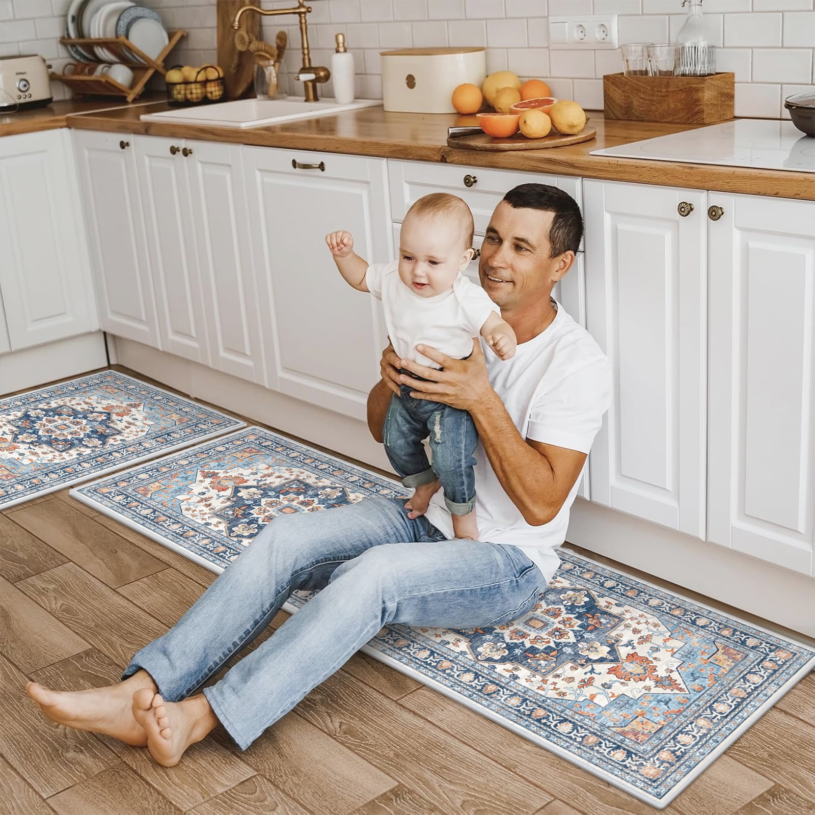 Findosom 2pcs Kitchen Rugs, Washable Boho Farmhouse Kitchen Mats for Floor, Non Slip Thick Indoor Kitchen Floor Mat Carpet Runner Rugs for Entryway Hallway Laundry Home Decor 20"x32"+20"x47" Blue