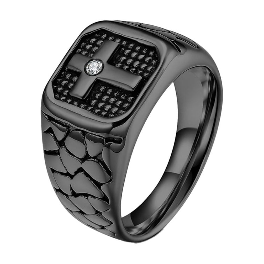 HIRPLIS Cross Signet Rings for Men Cracked Texture Stainless Steel Cubic Zirconia Religious Prayer Faith Vintage Punk Gothic Statement Personalized Gift Jewelry Black 11