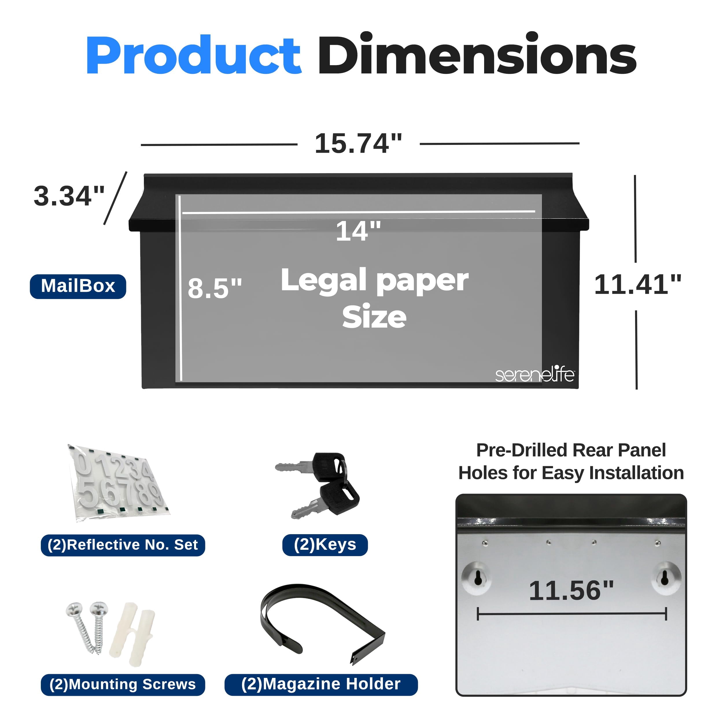 SereneLife Outdoor Wall Mailbox & Newspaper Holder | 0.24 FT Cubic Mailbox | Easy Installation, Secure Lock Mechanism | Ideal for Residential or Commercial Use | Wall Mountable | 15x3x11 in | Black