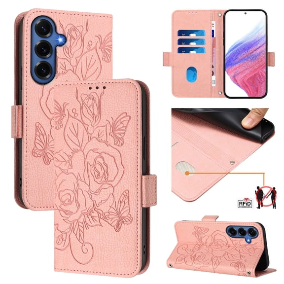 Wallet Case for Samsung Galaxy A37, Rose Flower Embossed PU Leather Flip Cover with Wrist & Shoulder Strap,Kickstand RFID Blocking Magnetic Card Slots Full Body Protection for Women, Pink