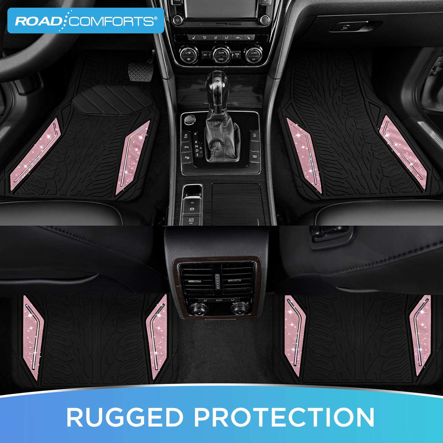 Road Comforts Glitter Car Floor Mats, Glitter Rubber Floor Mats Full Set,Shiny Sparkle Design, Universal Fit, Easy to Clean, Anti-Slip Protection Pink