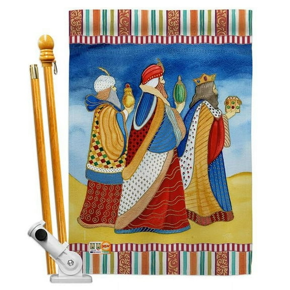 Breeze Decor BD-NT-HS-114212-IP-BO-D-US18-WA 28 x 40 in. Three Wise Men Winter Nativity Impressions Decorative Vertical Double Sided House Flag Set with Pole Bracket & Hardware