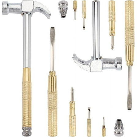 2 Sets 6 in 1 Metal Hammer Screwdriver Set Multifunctional Metal Mini Hammer Small Multitool Hammer with Slotted/Flat Head Phillips Screwdriver Hammers Tools for Home Repair - Silver Gold