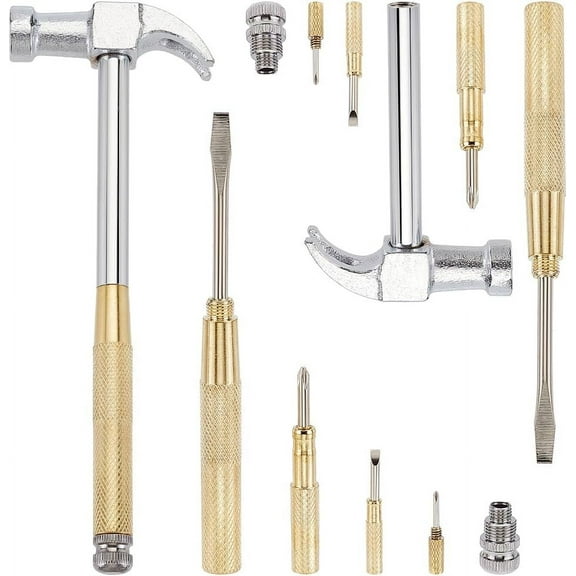 2 Sets 6 in 1 Metal Hammer & Screwdriver Set Multifunctional Metal Mini Hammer Small Multitool Hammer with Slotted/Flat Head Phillips Screwdriver Hammers Tools for Home Repair - Silver Gold for diy