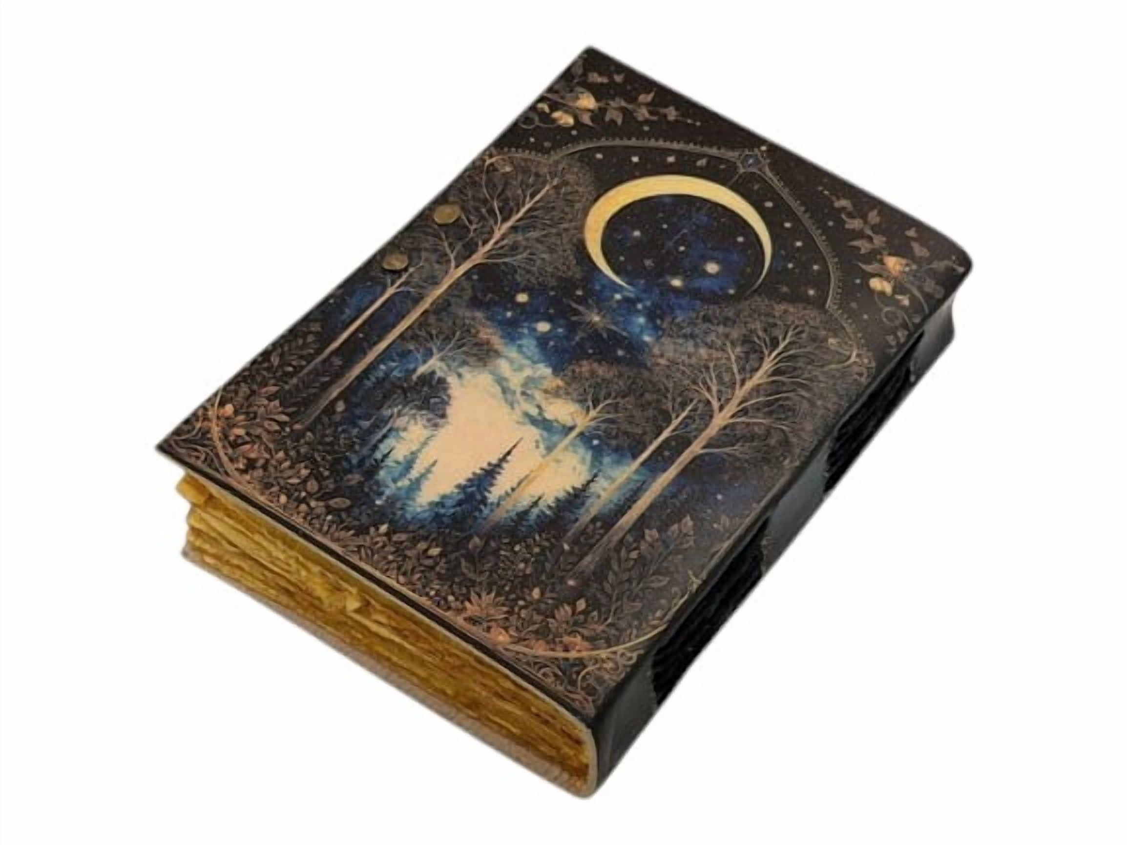 Handmade Leather Journal with Moon & Forest Design, 200 Deckle Edge Pages, 5x7 Vintage Notebook with Metal Clasp